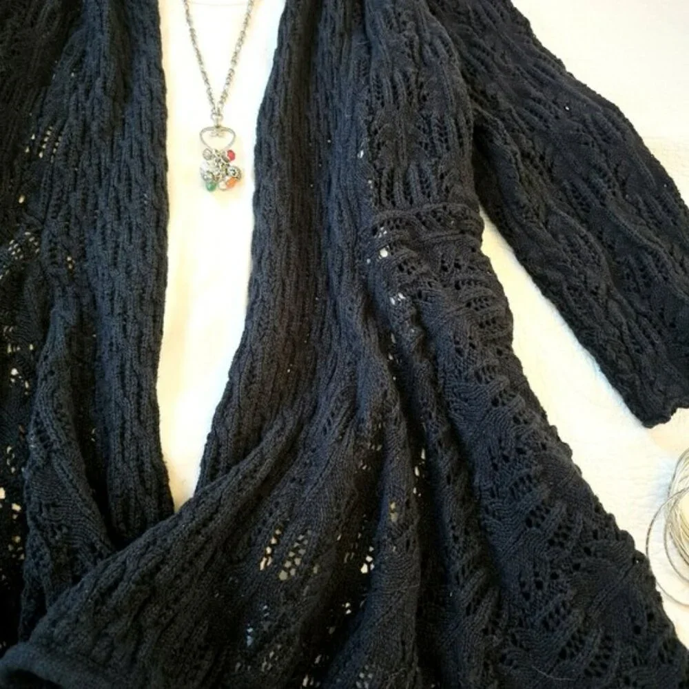 Woman Within Women's Open Front Cardigan Sweater Black Size 1X Long Flowy Knit - Picture 7 of 16